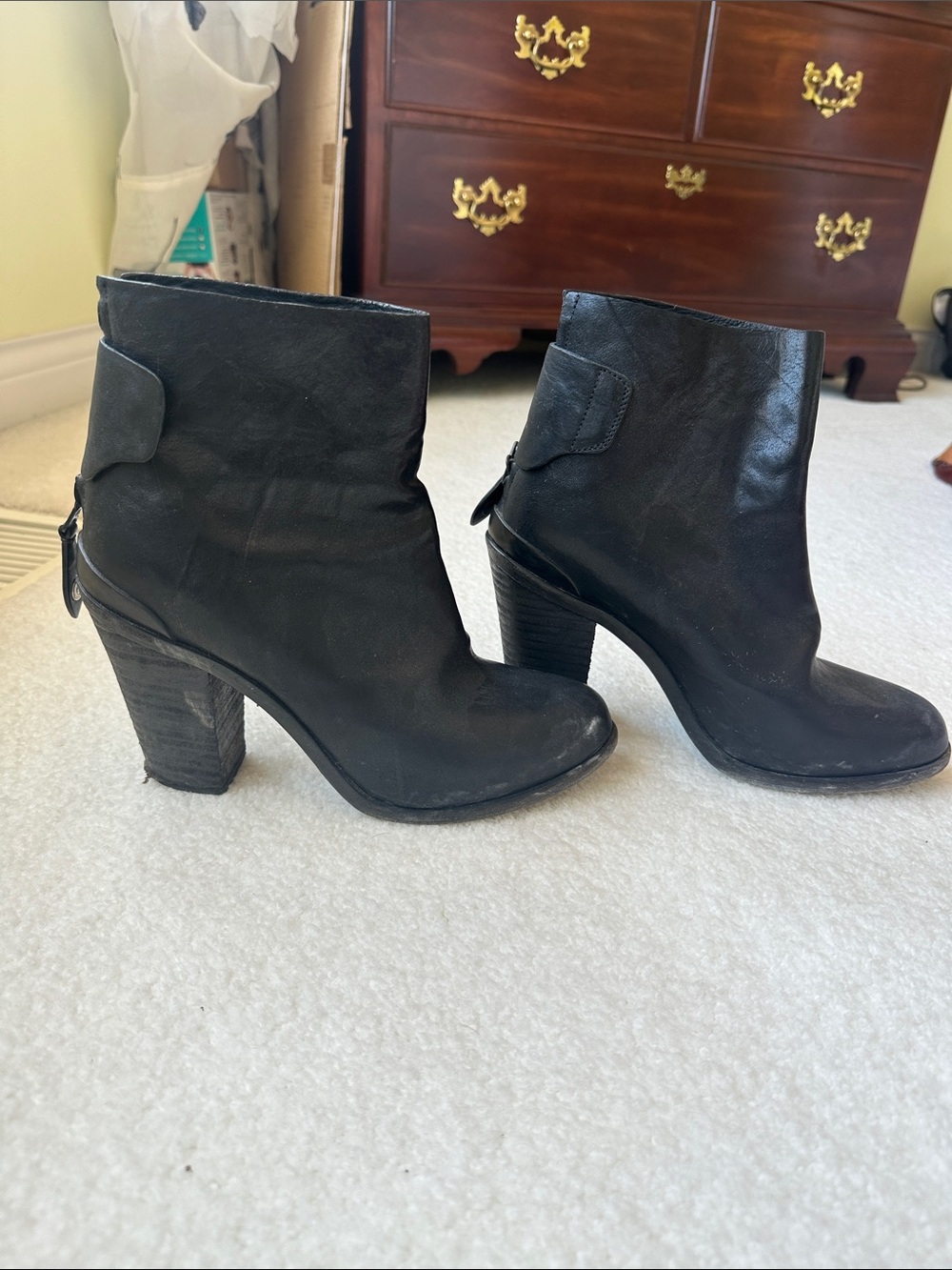 rag & bone Black Leather Ankle Booties with Stacked Heel